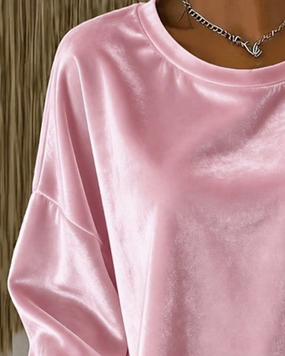 Bluse Rund Hals Drop Skulder Avslappet Lang Erme