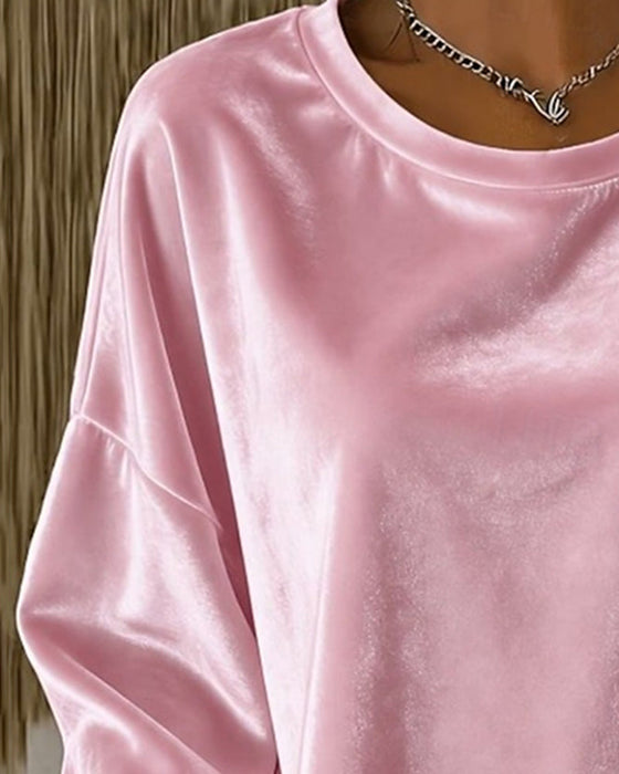 Bluse Rund Hals Drop Skulder Avslappet Lang Erme