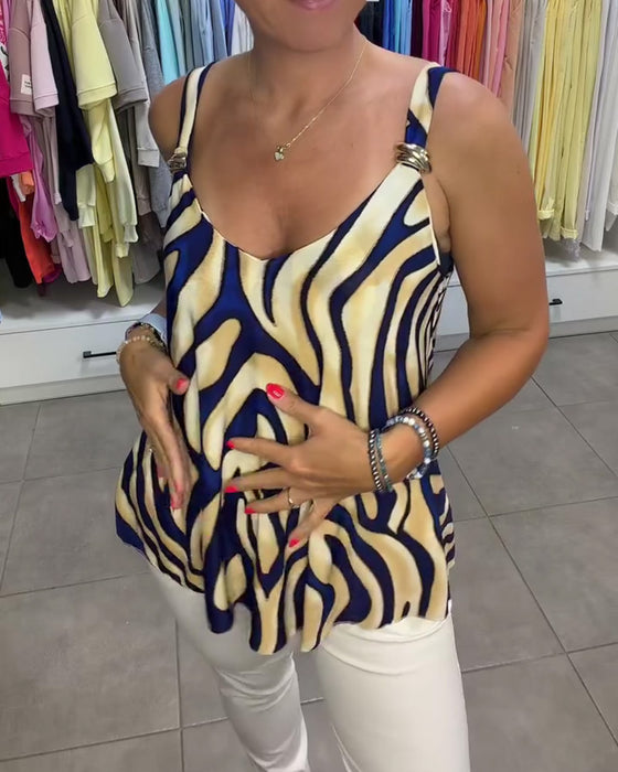 Bluse V-Hals Stroppet Zebra Trykk Metallknapp