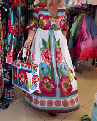 Dyp V løs tilfeldig blomsterkjole