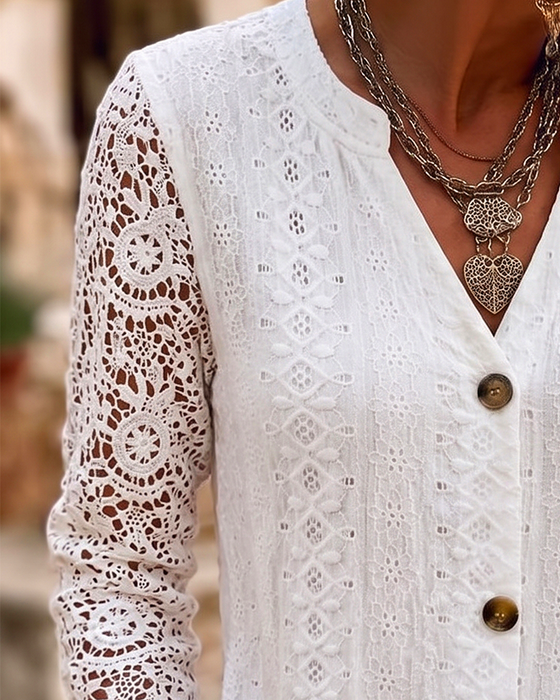 Bluse V-Hals Blonder Knapp Solid