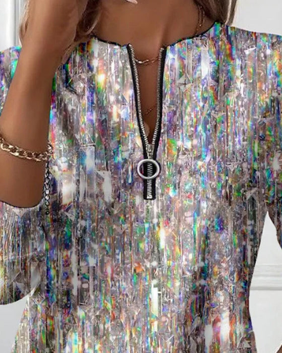 Trykket Langermet Sweatshirt Med Halvglidelås