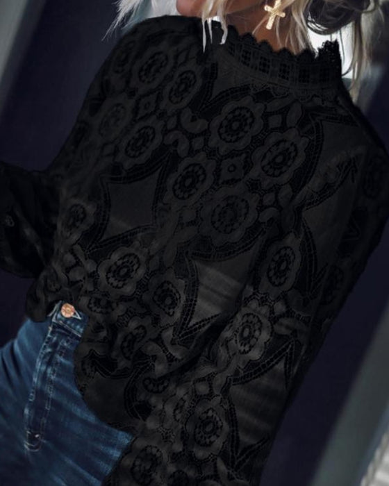 Bluse Sexig Gjennomsiktig Langermet Ståkrage Knipling