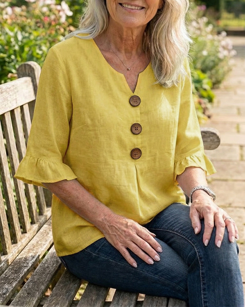 Bluser Ensfarget Bomull-Lin Treknapper Rysjer