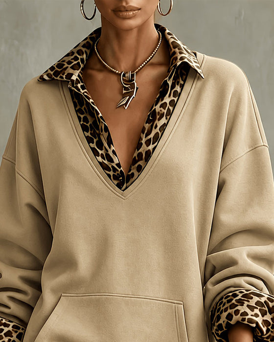 Kjole Krage V-Hals Leopardmønster Sweatshirt