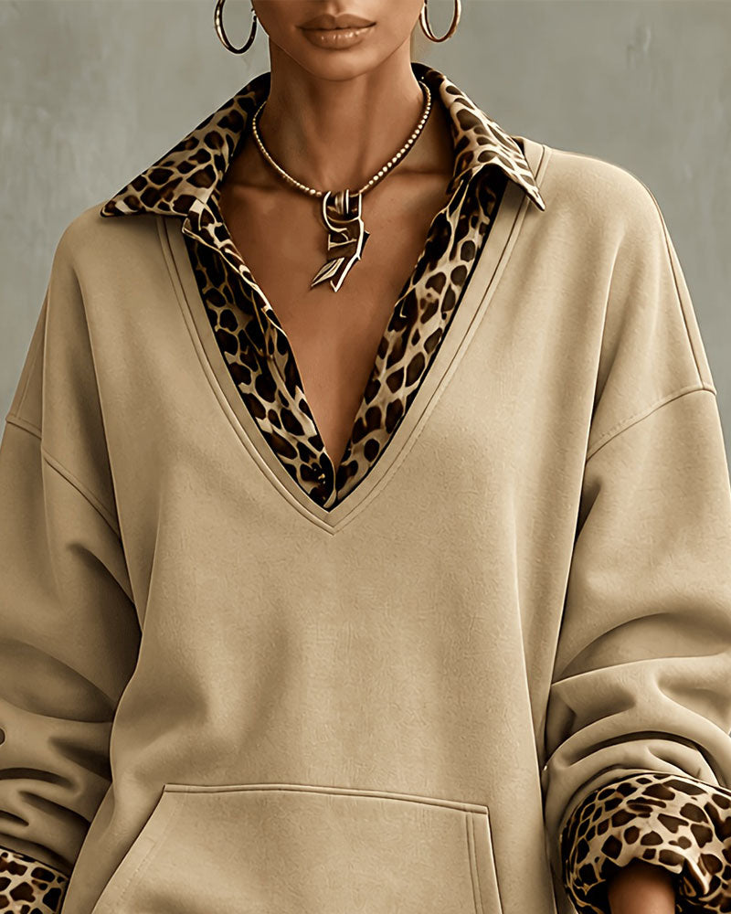 Kjole Krage V-Hals Leopardmønster Sweatshirt