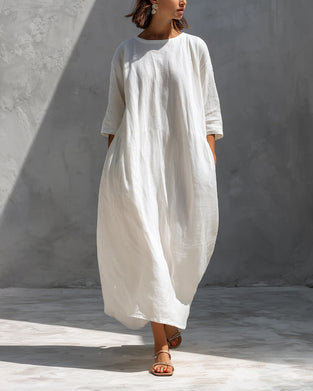 Kjole Halverm Ensfarget Løs Bomull