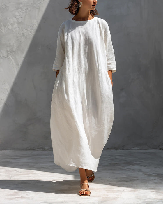 Kjole Halverm Ensfarget Løs Bomull