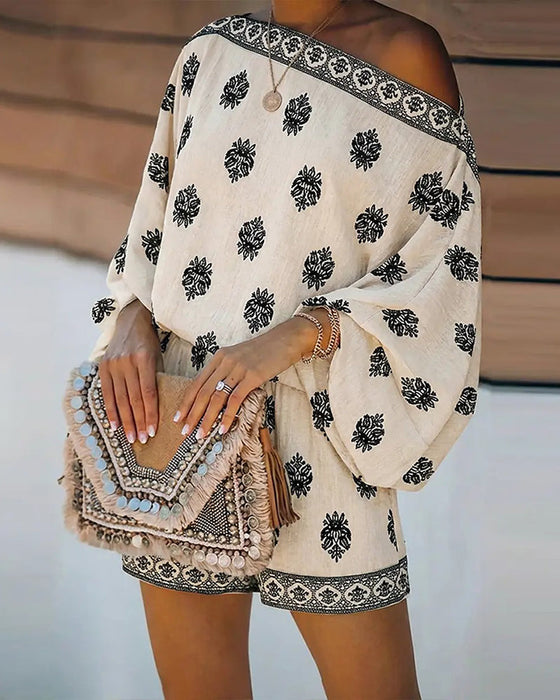 Sett Kvinner 2 Deler Antrekk Boho Topp Og Shorts