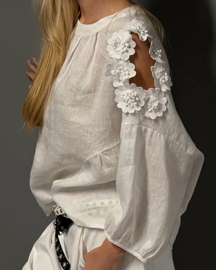 Bluser Rundhals Utskjæring Off-Shoulder 3D Blomstret