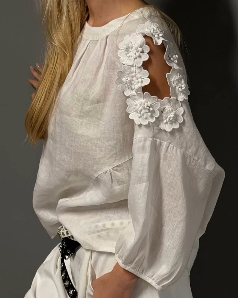 Bluser Rundhals Utskjæring Off-Shoulder 3D Blomstret