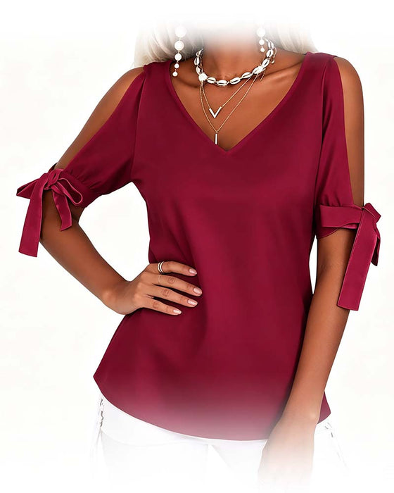 Bluse V-Hals Cold Shoulder Sløyfe Ensfarget