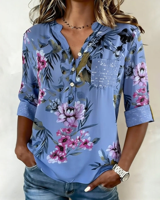 Bluse V-Hals Paljettblomstret