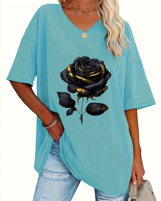 T-Skjorte Rosetrykk Loose Fit Halv Erme