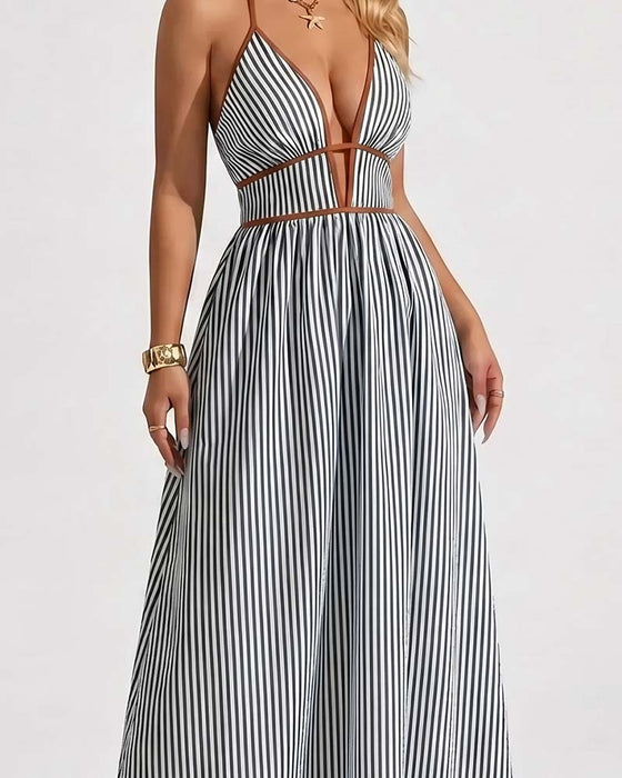 Kjoler Dyp V-Hals Spaghetti Stropp Stripe Lang