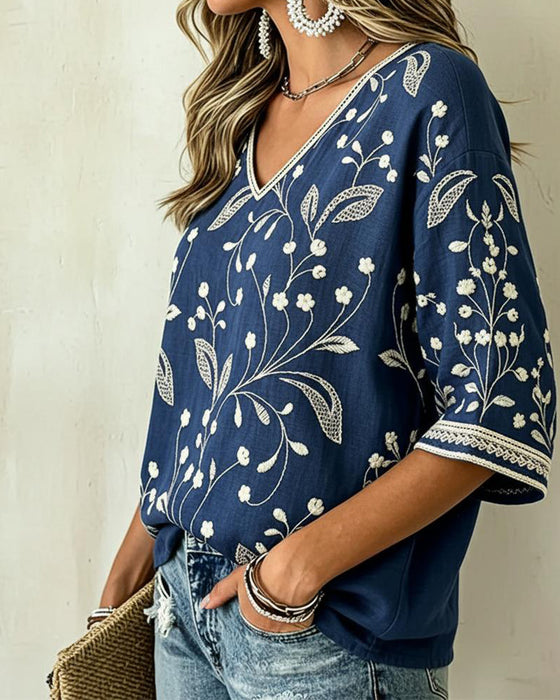 Bluse V-Hals Trekvart Erme Plantetrykk