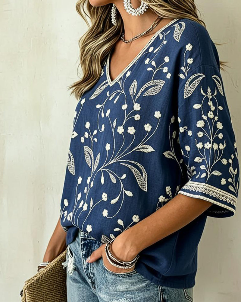 Bluse V-Hals Trekvart Erme Plantetrykk