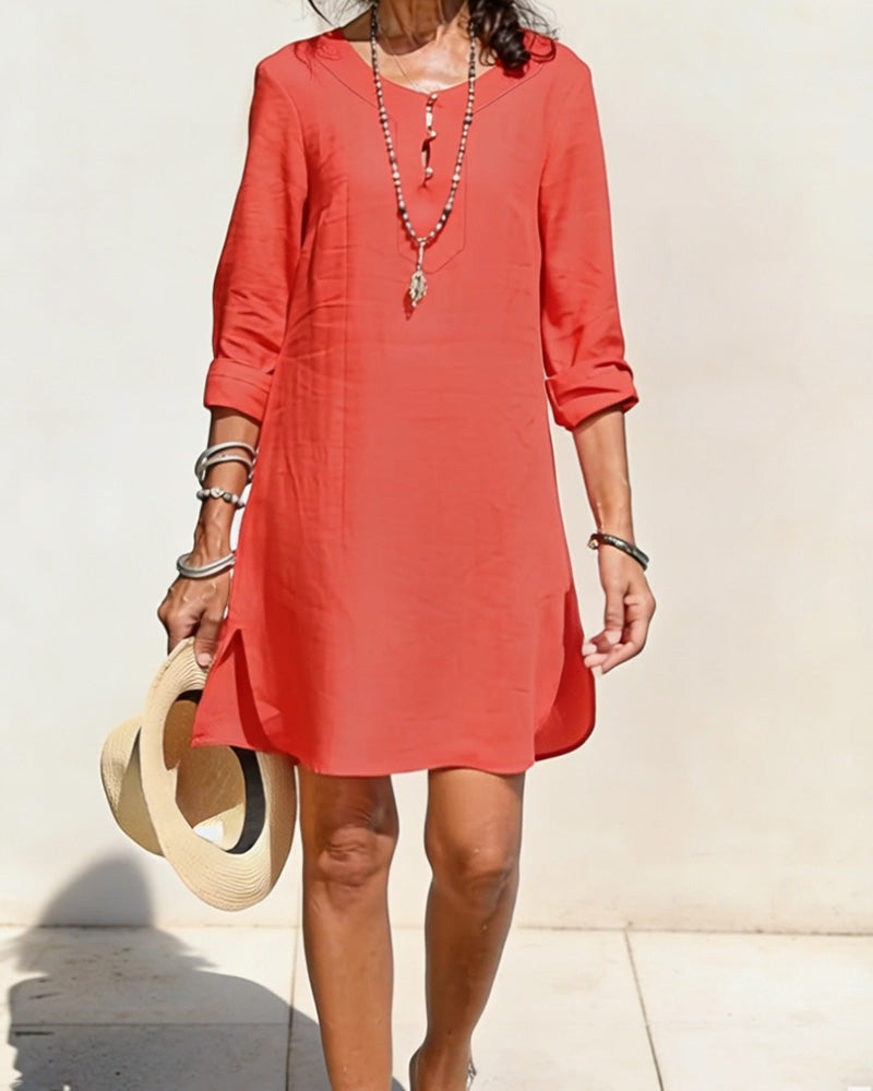 Kjole Halv Knappestolpe Sidesplitt Bomull Og Lin