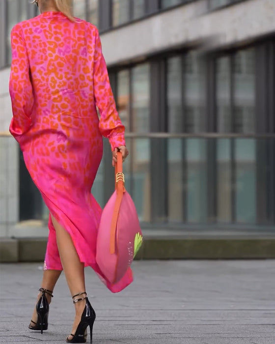 Kjole Langermet Leopardskrift Splitt