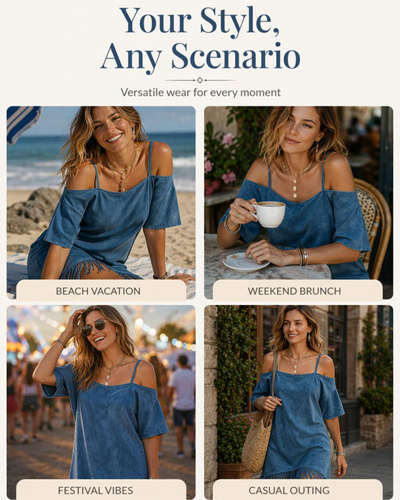 Kjole Spagettistrap Frynser Solid Off-Shoulder