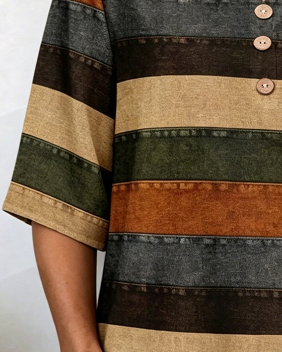 T-Skjorte Knapp Patchwork Horisontal Stripe