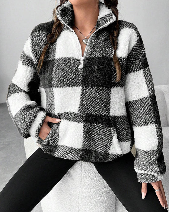 Sweatshirt Halv-Zip Ståkrage Rutemønster