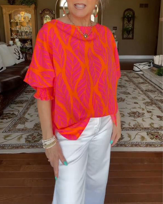 Bluse Rund Hals Løs Trykk