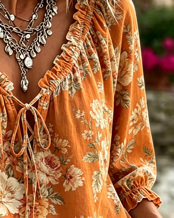 Bluse Blomstret V-Hals Knyte Puffererme