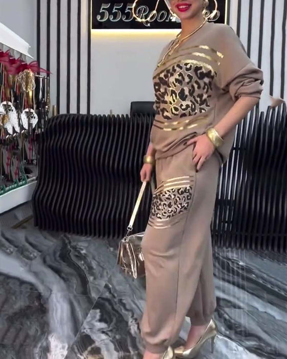 Sett Leopardmønster Avslappet Sweatshirt