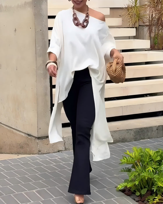 Bluse Asymmetrisk Hals Uregelmessig Splitt Albuelang Erme