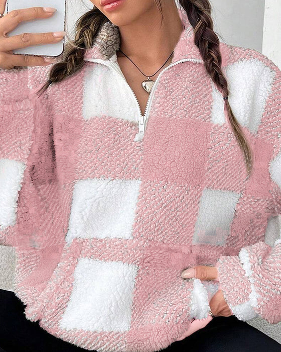 Sweatshirt Halv-Zip Ståkrage Rutemønster