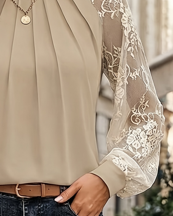 Bluse Rund Hals Rynket Blonde Patchwork