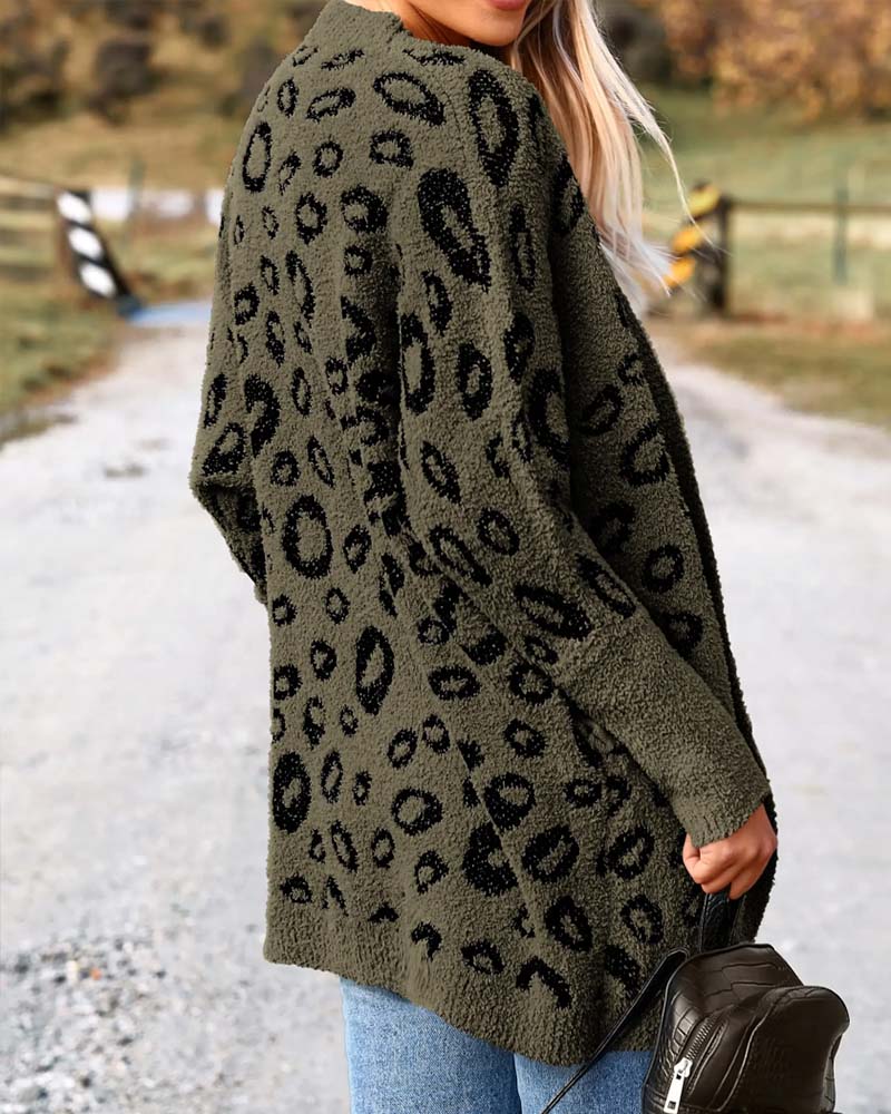 Cardigan Løs Leopardmønster Langermet