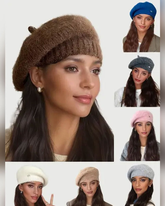 Dame Ensfarget Strikket Beret Lue