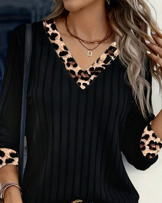 Topp Lang Erme V-Hals Leopard Patchwork
