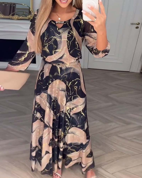 Kjole Elegant Trekvarts Erme Trykket Midje