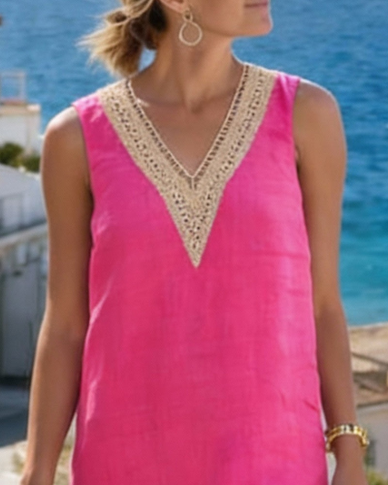 Ermløs Kjole Med V-Hals Og Kniplingspaneler