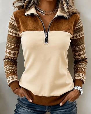 Sweatshirt Halv Glidelås Fargeblokk Vintage Patchwork