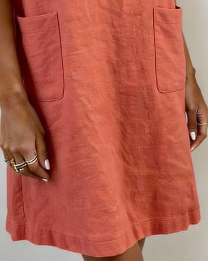 Kjole Med Hette Lin-Blanding Kortærme Lomme