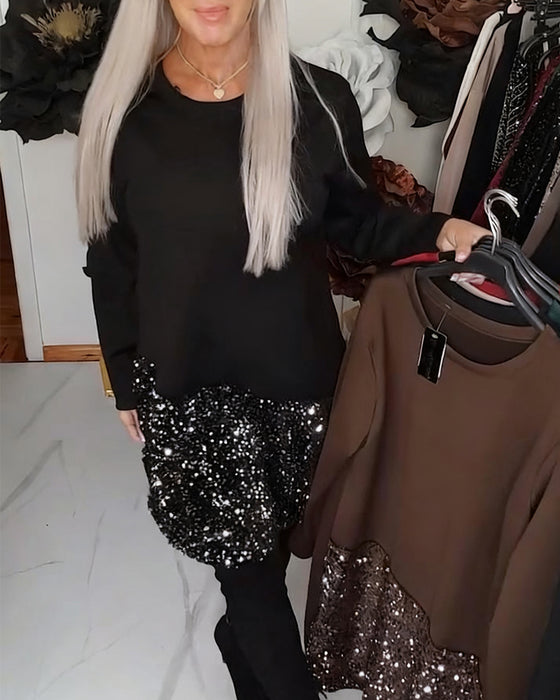 Kjole Rund Hals Langermet Glitterbroderi lappet