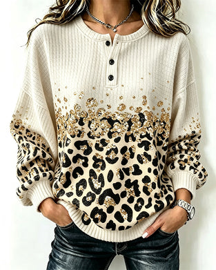 Genser Rund Hals Knappet Leopard Trykk