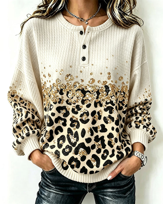 Genser Rund Hals Knappet Leopard Trykk