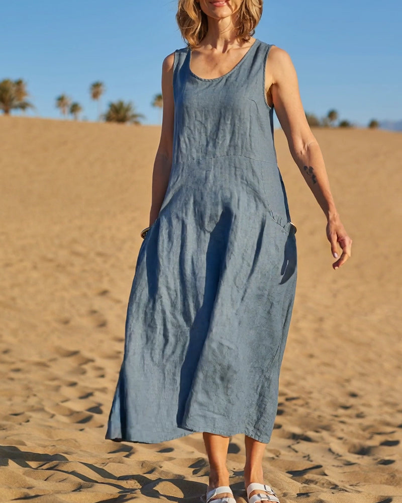 Kjole Ermløs V-hals Lomme Lin