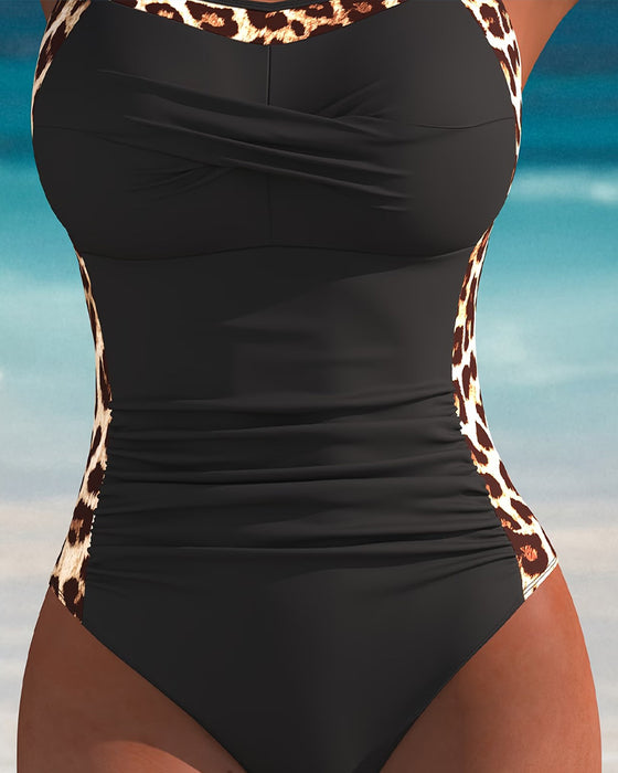 One-Piece Halter Leopard Trykk Patchwork