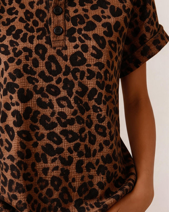 Topp Henley Hals Leopard Trykk Vaffel