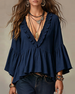Bluse V-Hals Scallop Ruffle Kant