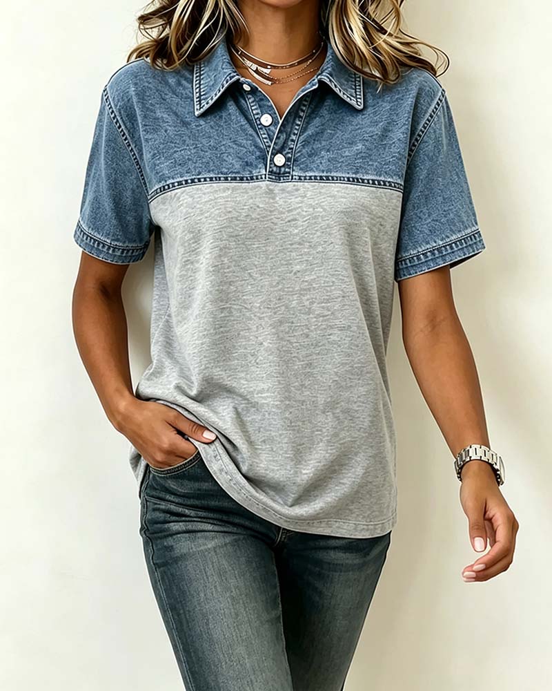 Bluse Kort Erme Skjorte Krage Denim Patchwork