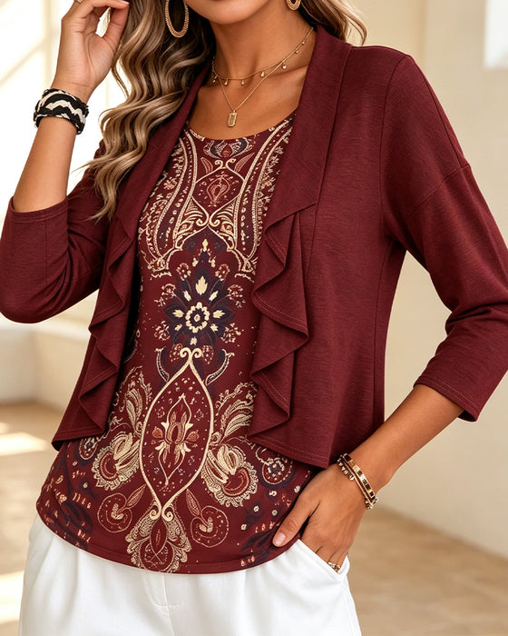 Bluse Imitasjon Todelt Ruffle Trykk