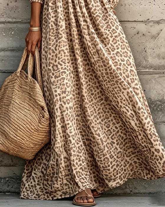 Kjole Leopard Trykk V-Hals Puff Erme