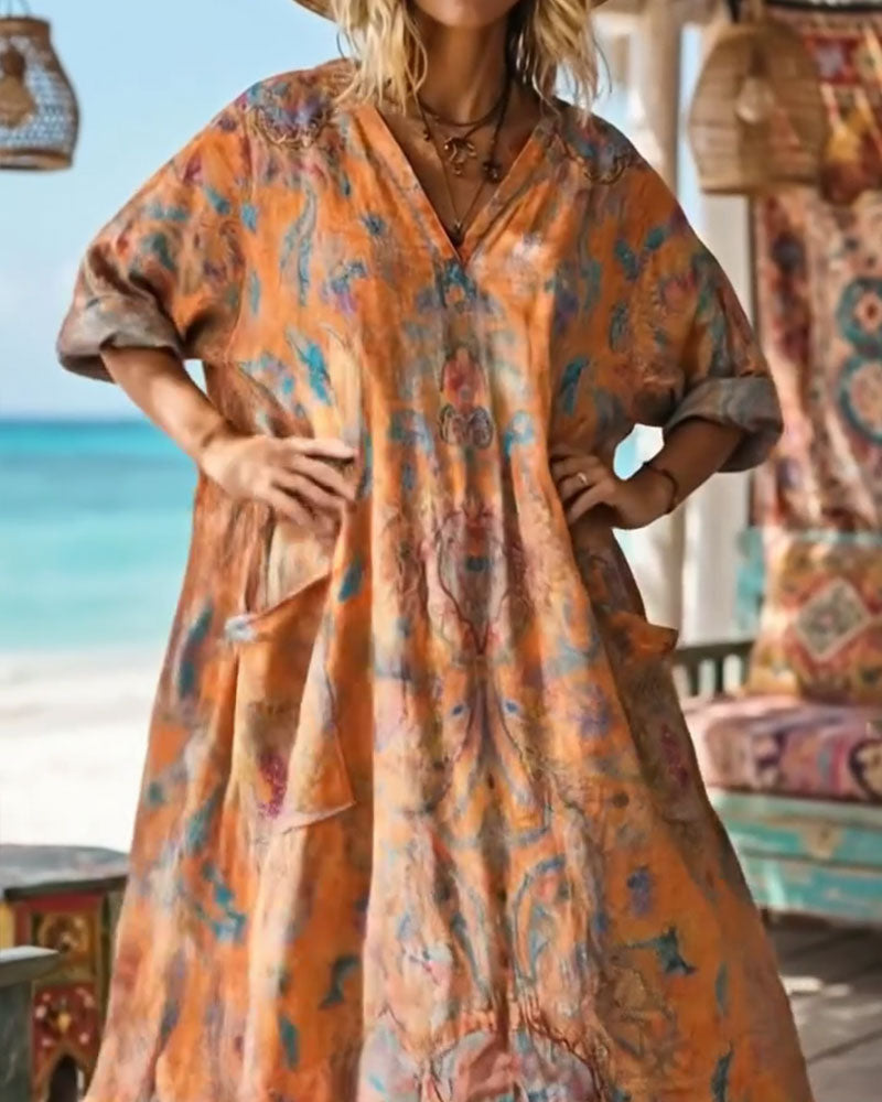 Kjole Retro Blomstre Trykk V-hals Maxi